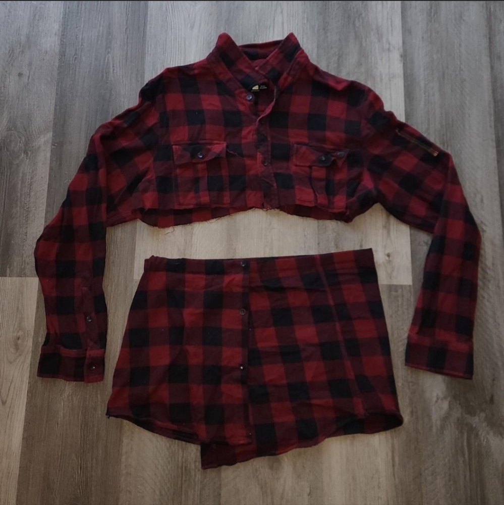 Red, Plaid, Upcycled flannel 2 piece set (skirt & top)